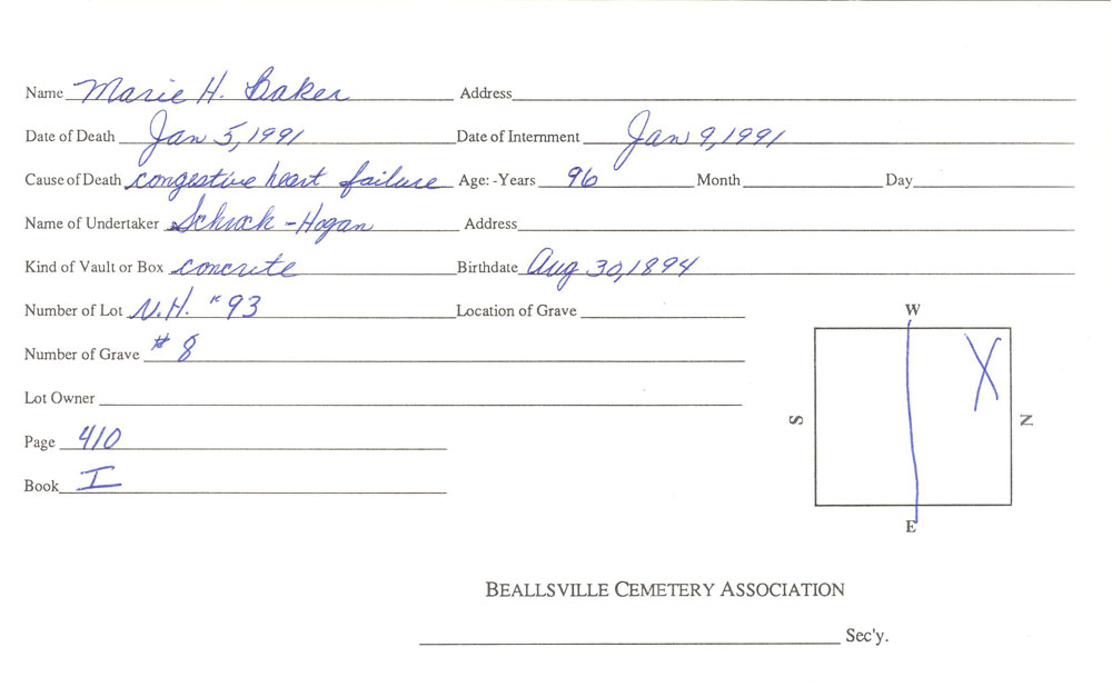 Marie H. Baker burial card